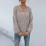 Long Sleeve Leopard Print V-Neck Shirts
