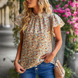 Ruffle Sleeve Floral Round Neck Shirts