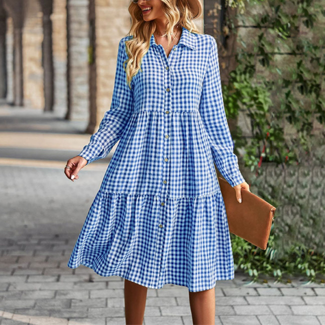 Plaid Printed Long Sleeve Midi Dress