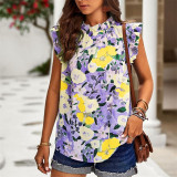 Round Neck Ruffle Sleeve Floral Shirts