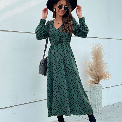 Green Long Sleeve Leopard Maxi Dress