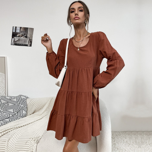 Brown Long Sleeve U-Neck Mini Dress