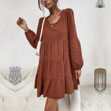 Brown Long Sleeve U-Neck Mini Dress