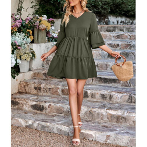 V-Neck Solid Color Loose Mini Dress