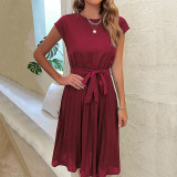 Solid Color Round Neck Pleated Midi Dress