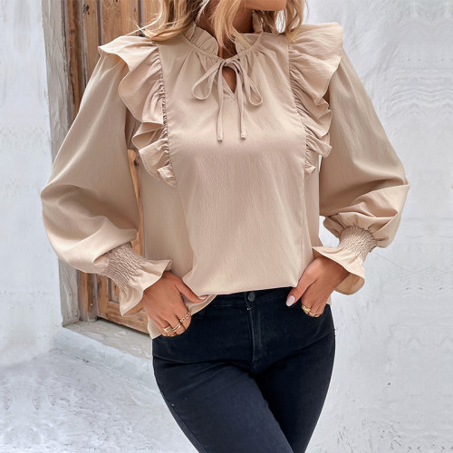 Ruffle Long Sleeve Solid Color Shirts