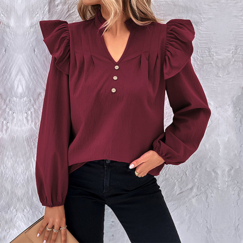 Red Ruffle Long Sleeve Shirts