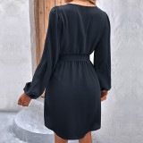 Solid Color V-Neck Long Sleeve Mini Dress