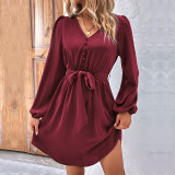 Solid Color V-Neck Long Sleeve Mini Dress