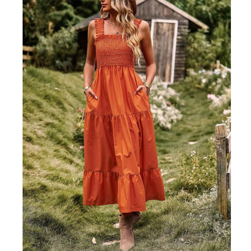 Summer Solid Color Ruffle Maxi Dress