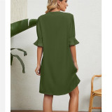 Solid Color V-Neck Ruffle Sleeve Mini Dress