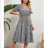 Grid Printed V-Neck Short Sleeve Maxi Dress