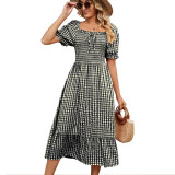 Short Sleeve Square Neck Checkered Maxi Dress