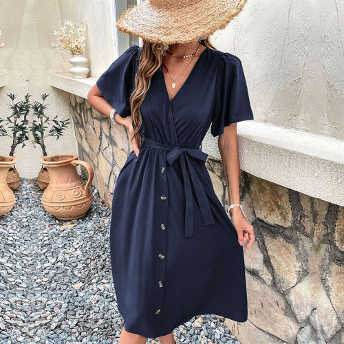 Solid Color V-Neck Button Midi Dress