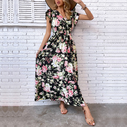 V-Neck Split Floral Maxi Dress