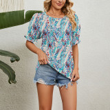 Floral Round Neck Ruffle Sleeve T-Shirts