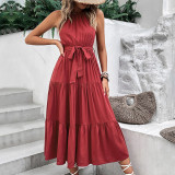 Wine Red Sleeveless Solid Color Maxi Dress