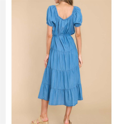Solid Color Thin Waist Denim Maxi Dress