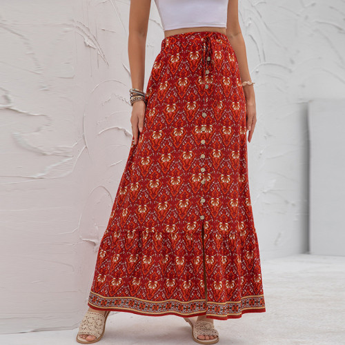 High Waisted Flower Print Split Maxi Skirts