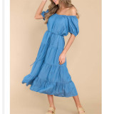 Solid Color Thin Waist Denim Maxi Dress