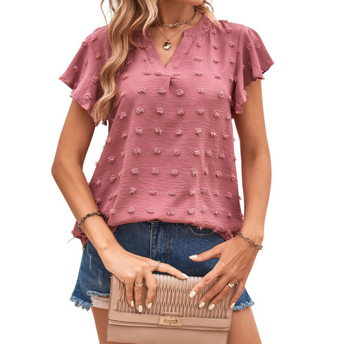 Swiss Dot Chiffon Ruffle Short Sleeve Shirts