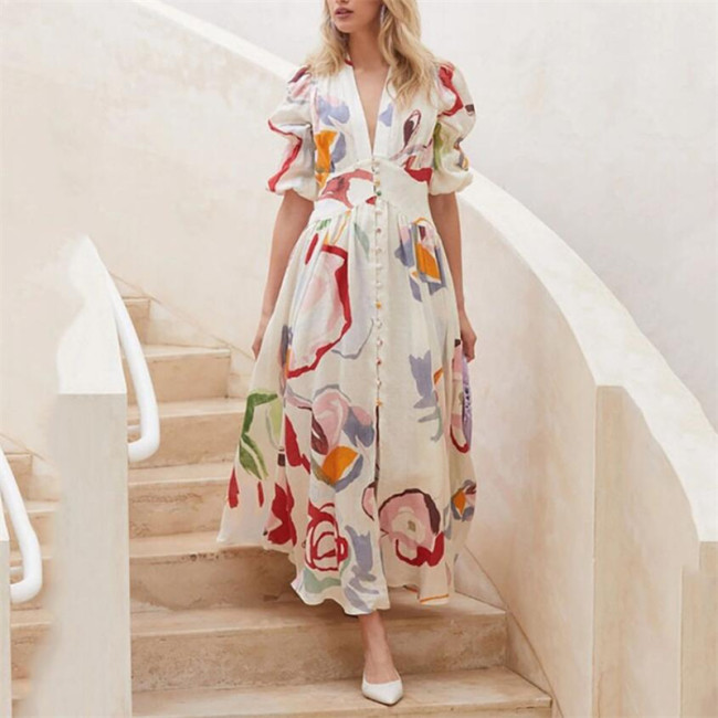 V-Neck Printed Large Swing Maxi Dress