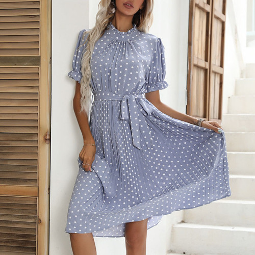 Polka Dot Round Neck Pleated Midi Dress