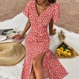 V-Neck Floral Print Split Maxi Dress