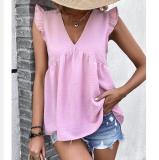 Solid Color V-Neck Ruffle Sleeve Shirts