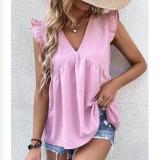 Solid Color V-Neck Ruffle Sleeve Shirts