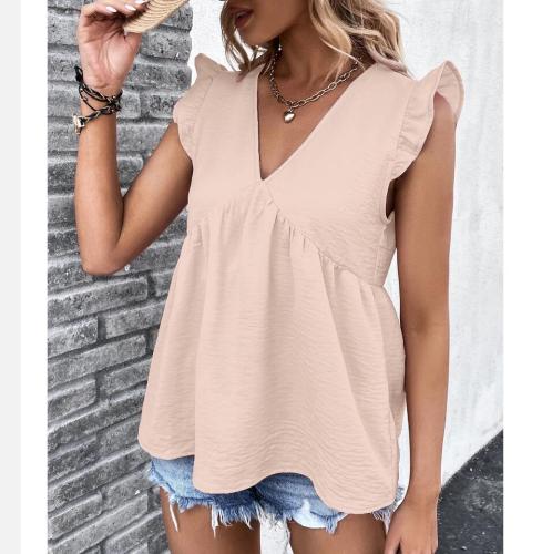 Solid Color V-Neck Ruffle Sleeve Shirts