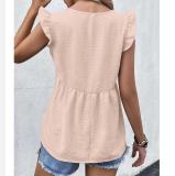 Solid Color V-Neck Ruffle Sleeve Shirts