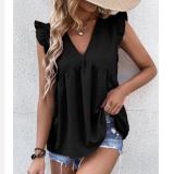 Solid Color V-Neck Ruffle Sleeve Shirts