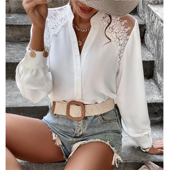White Lace Stand Collar Long Sleeve Shirts