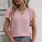 Solid Color Ruffle Sleeve V-Neck Shirts