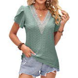 Solid Color V-Neck Lace Loose T-Shirts