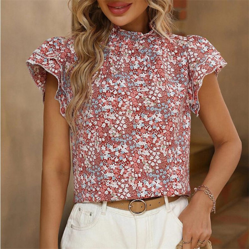 Ruffle Sleeve Round Neck Flower Shirts