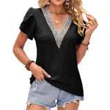 Solid Color V-Neck Lace Loose T-Shirts