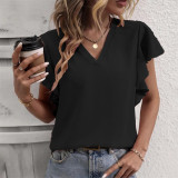 Solid Color Ruffle Sleeve V-Neck Shirts