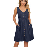 Solid Color Sleeveless Button Mini Dress