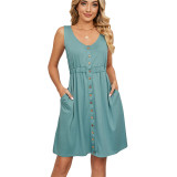 Solid Color Sleeveless Button Mini Dress