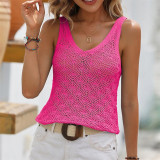Solid Color V-Neck Hollow Tank Tops