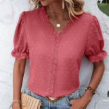 Swiss Dot V-Neck Lace Short Sleeve T-Shirts