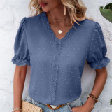 Swiss Dot V-Neck Lace Short Sleeve T-Shirts