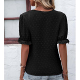 Swiss Dot V-Neck Lace Short Sleeve T-Shirts
