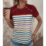 Striped Printed Button Short Sleeve T-Shirts