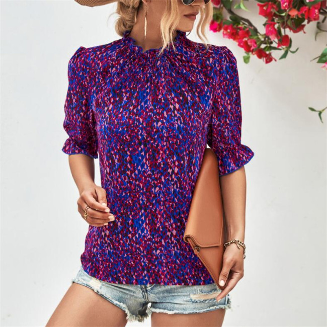 Ruffle Round Neck Short Sleeve Shirts