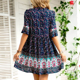 V-Neck Floral Printed Mini Dress