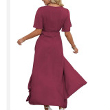 Solid Color V-Neck Slit Maxi Dress