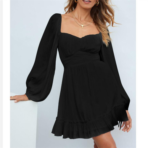 Ruffle Long Sleeve Square Collar Mini Dress